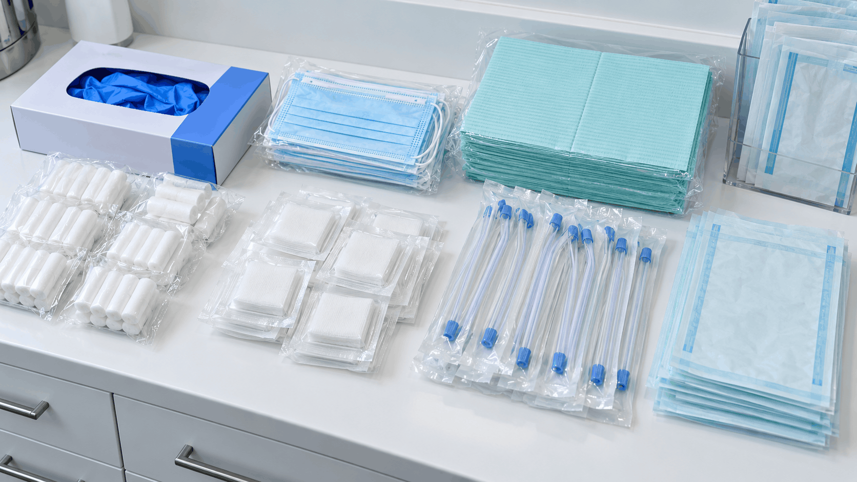 دستکش، ماسک، رول پنبه، گاز و سرساکشن برای مصرف روزانه مطب دندانپزشکی.png
